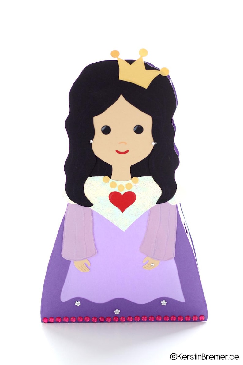 May include: A purple princess dress with a gold crown, a red heart, and a pearl necklace. The dress has a white trim and a pink and white flower design.