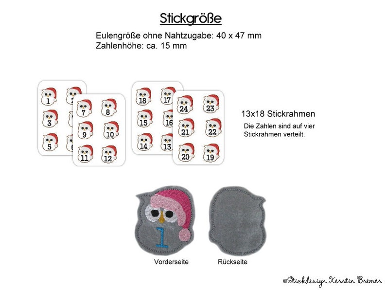 ITH Stickdatei Adventskalenderzahlen Anhänger Nikolaus Eule 13x18, Adventskalender Zahlen in the hoop Stickmuster Bild 2