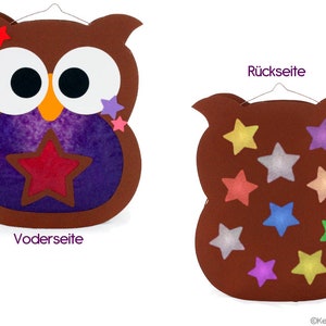 May include: A brown felt owl with a purple and white star design on the front and a brown felt back with multiple colorful stars. The text "Vorderseite" is below the owl and "R&uuml;ckseite" is above the owl.