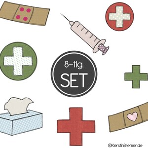 Broderifil Första hjälpen-kit 10x10 (4x4) Klotterapplikationsbroderimönster - Spruta, plåster, näsduksask, kors och mycket mer