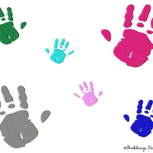 May include: Five handprints in different colors and sizes on a white background. The handprints are green, blue, pink, gray, and red.