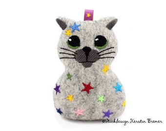 ITH embroidery file cat with stars 10x10 (4x4) pendant, key ring, bag pendant, cuddly toy
