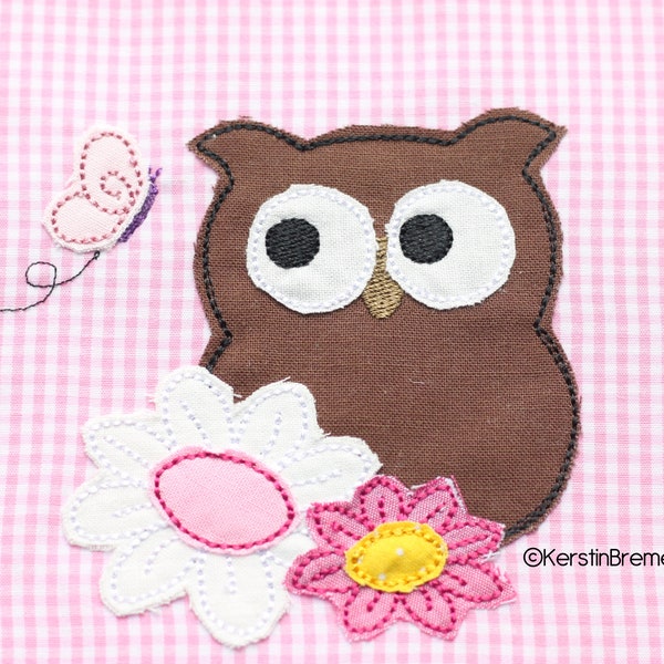 Embroidery file Blümchen Eule 10x10 Embroidery frame owl doodle application, owl application with butterfly & flowers