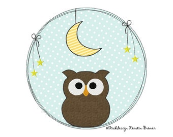 Embroidery File Owl Moon Button 13x18 (5x7) Doodle Application Embroidery Pattern