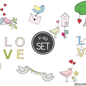Stickdatei Vogel in Love Set 10x10 4x4 Doodle Applikation Stickmuster Bild 1