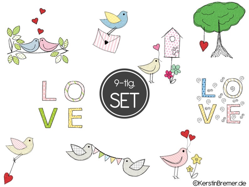 Stickdatei Vogel in Love Set 10x10 4x4 Doodle Applikation Stickmuster Bild 1