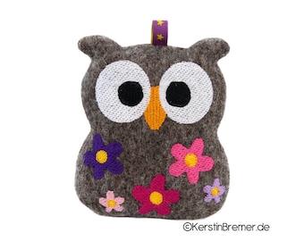 ITH embroidery file owl with flowers 10x10 (4x4) pendant, keychain embroidery pattern, bag charm, boho stuffed animal machine embroidery