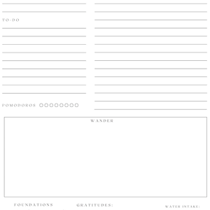 Puede incluir: Una página de planificador minimalista sin fecha con secciones para las principales prioridades, listas de tareas y notas. Incluye indicaciones para fundamentos, gratitudes y consumo de agua. La página presenta las palabras "Virtue/Verse", "Pomodoros" y "Wander."