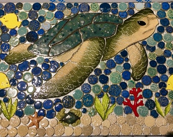 Aquatic Custom 9.5" Green Sea Turtle Porcelain Pool Mosaic Tile - Handcrafted In USA, Frost-Proof