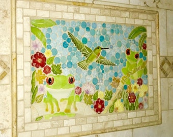 DIY Custom Mosaic Tree Frogs & Hummingbird Back Splash or Shower Insert.