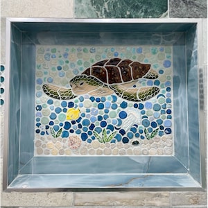 Custom Mosaic Sea Turtle &quot;Tanner&quot; Back Splash or Shower Insert on mesh. Size 20x24. Please read description for details.