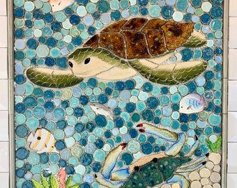 Custom Mosaic Sea Turtle "Tanner" Back Splash or Shower Insert on mesh. Size 20x24