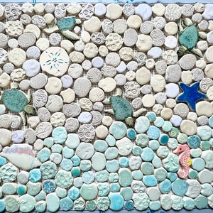 Handmade Ceramic tile Baby Sea Turtles with sand and water mosaic on mesh.  Please read description for details.