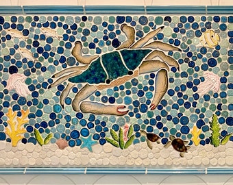 20x32 Blue Crab Mosaic for Backsplash, Shower insert or Home Decor.