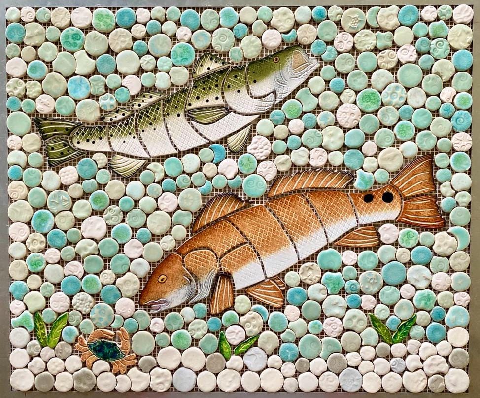 20x24 Handmade Ceramic Tile Mosaic Redfish Backsplash or Shower