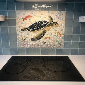 Custom Mosaic Sea Turtle &quot;Indigo&quot; Back Splash or Shower Insert.