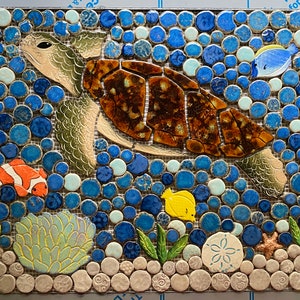 20x24 Handmade Custom Ceramic Mosaic Sea Turtle &quot;Sandy&quot; Back Splash or Shower Insert on mesh.  Please read description for details.