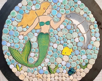 DIY Custom Mosaic Mermaid with Dolphin ROUND Back Splash or Shower Insert.