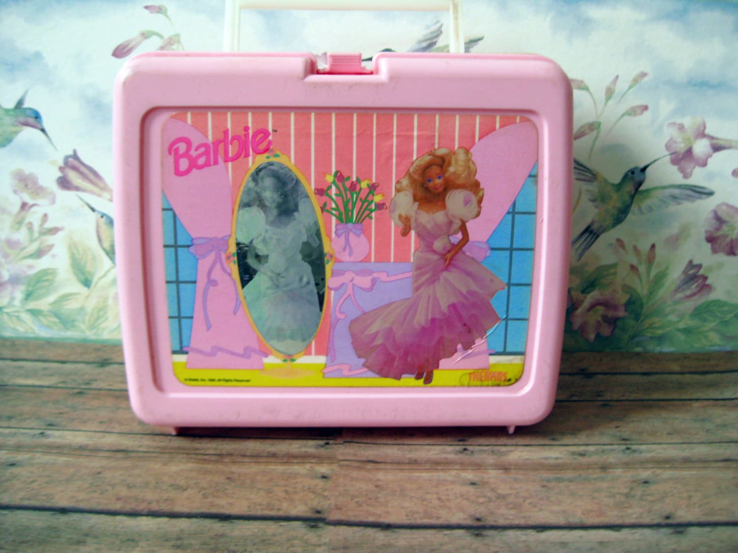 Vintage Barbie Lunch Box / Barbie Mirror Collectible / 1990 Thermos Light  Pink Lunchbox 