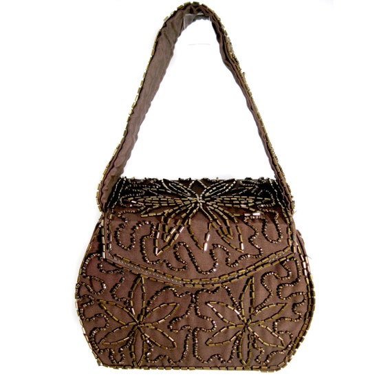 Vintage 1960’s Brown Box Purse Bronze Beaded Handb