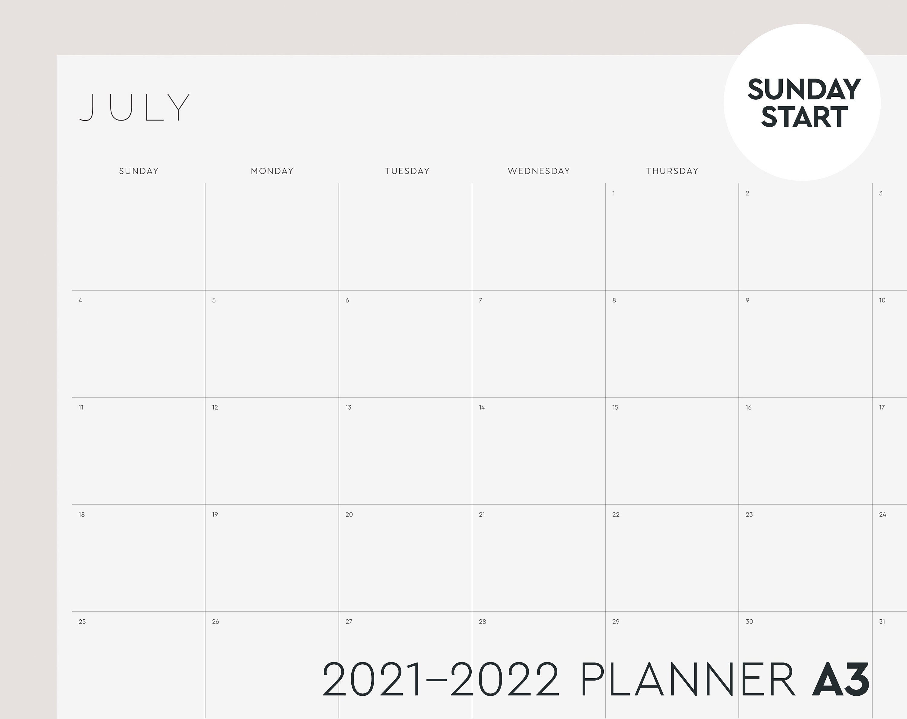 monthly planner 2021 22 sunday start a3 printable etsy
