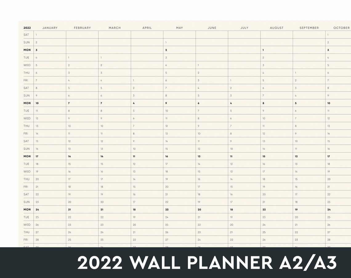 2022 Wall Planner A3 & A2 Printable Year in View Minimal Etsy