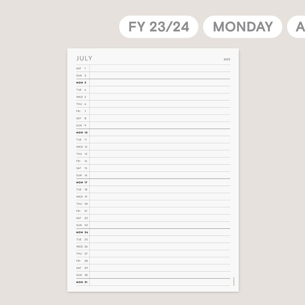 FY 23/24 A4 Vertical Monthly Planner Printable – Minimal Portrait Organiser – Monday Week Start