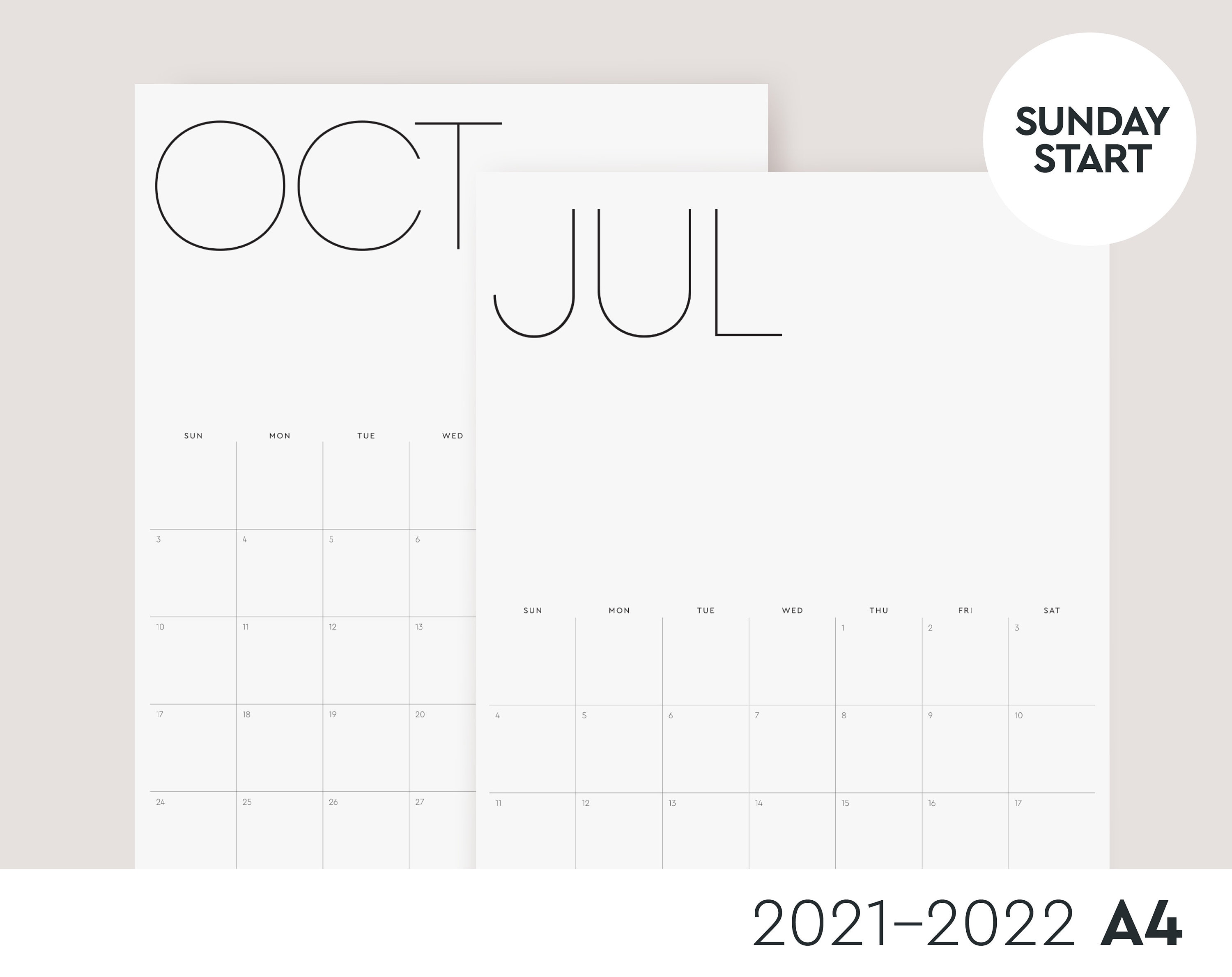 calendar 202122 printable a4 sunday start financial year