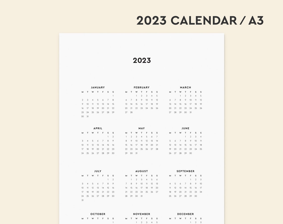 2023 A3 Year Overview Calendar Printable Minimal Portrait - Etsy UK
