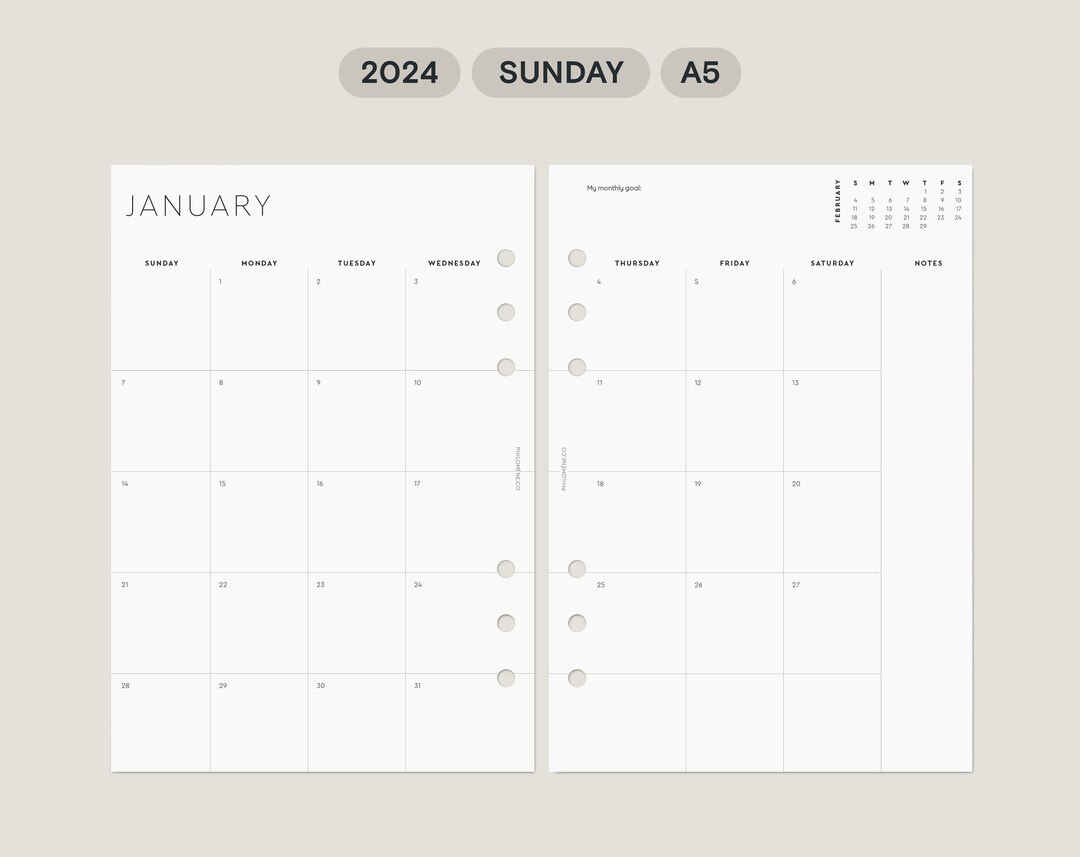 2024 Monthly Planner Refills A5 Printable Agenda Inserts Sunday Start ...
