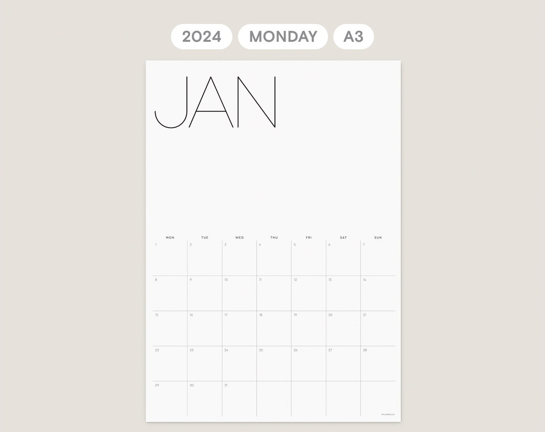 2024 A3 Monthly Calendar Printable Monday Week Start - Etsy