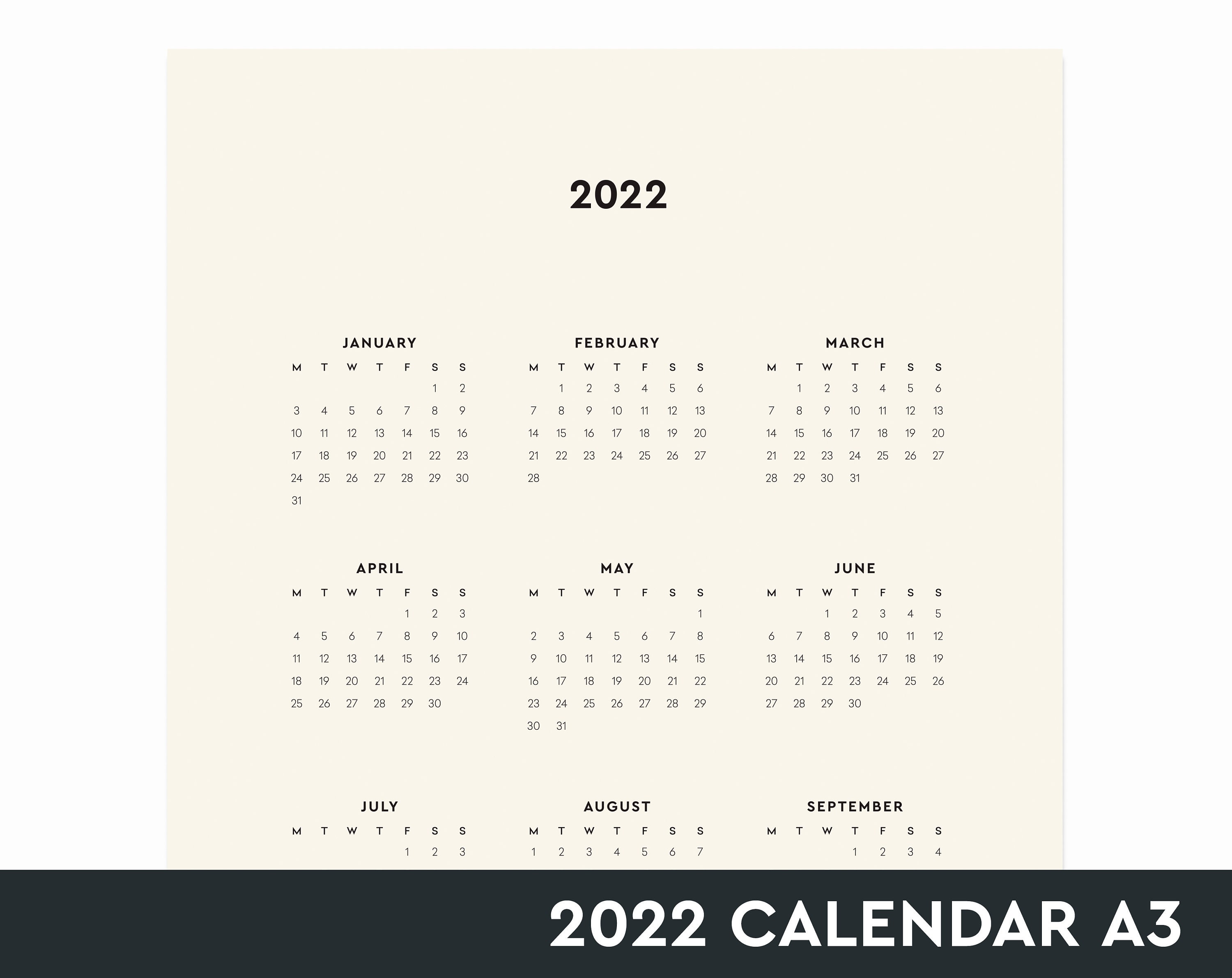 2022 year calendar a3 printable year in view with weeks etsy