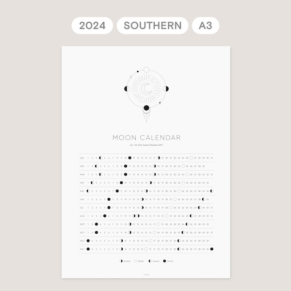 2024 Moon Calendar A3 Printable – Southern Hemisphere – Minimal Lunar Moon Phases Wall Calendar