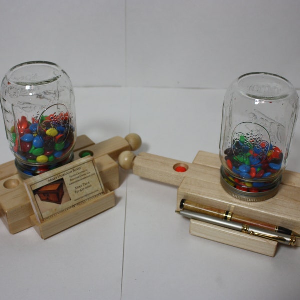 Business Card / Pen and Pencil Holder on Handmade Wooden M&M Candy Dispenser with Zebrawood Veneer Inlay