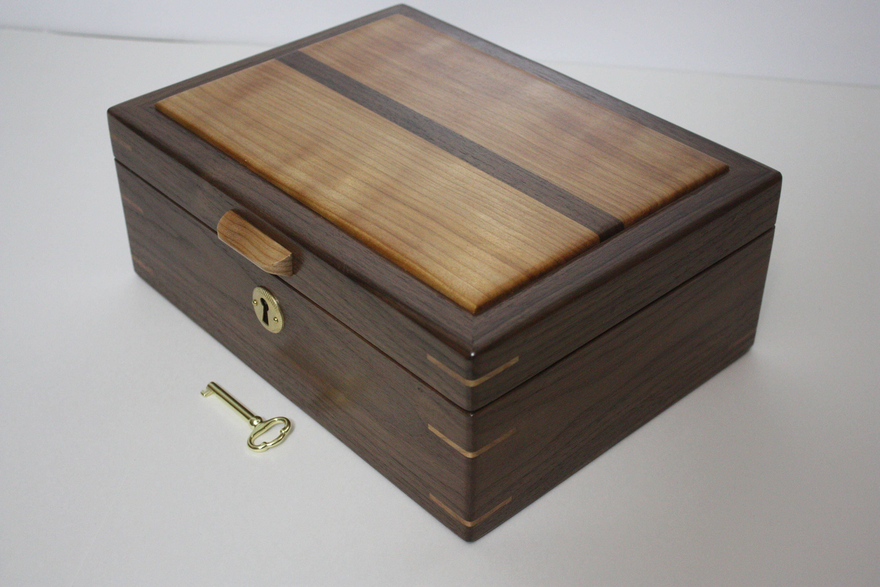 Black Walnut Wood Box With Curly Red Birch Lid Locking Handmade Black Walnut Wood Box With Curly Red Birch Lid Locking Handmade Valet Keepsake Trinket Secretary Jewelry Lift Out Tray Dividers
