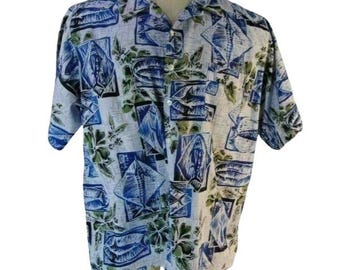 Vintage K2 Surf Mens Hawaiian Shirt L Blue White Marlin Fish Tropical Cotton USA