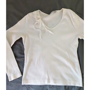 Vintage Together White Ribbed Cotton Long Sleeve Top  Lace Ribbon L Cottagecore