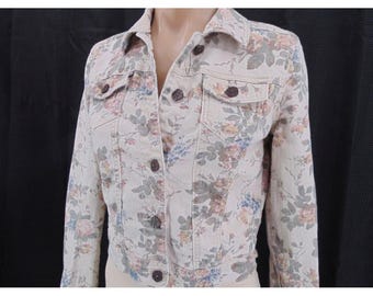 Vintage Hot Kiss Floral Denim Jacket S Cropped 90s Jean Off White Cottagecore