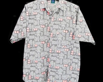 Vintage 80s Mens Shah Safari Gray Pink Hieroglyphs Button Shirt Size XL Abstract