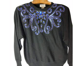 Vintage Cervelle Black Sweater Blue Sequins Beaded Size S Oversized Bedazzled
