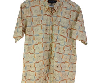 Vintage Andrew Brown Mens Short Sleeve Button Shirt Abstract Print Size L Logo