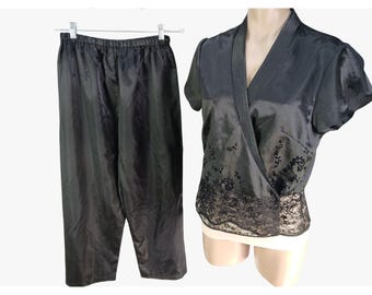 Oscar De La Renta Pink Label Black Satin Pajama Set Size M Wrap Lace Jaquard