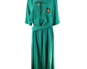 MS Chaus Green Belted Shirt Dress Crest Gold Button Short Sleeves Womens Size 16