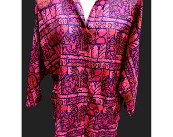 Vintage Red Orange Thai Silk Abstract Print Button Up Blouse Collar Size XL