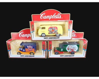 Lotto di 3 modellini di auto, camion e furgoni Campbells in metallo pressofuso per il 100° anniversario, edizione vintage 1997, in scatola.