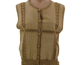 Scully Suede Shimmer Lace Vest M Patchwork Crochet Sleeveless Button Festival