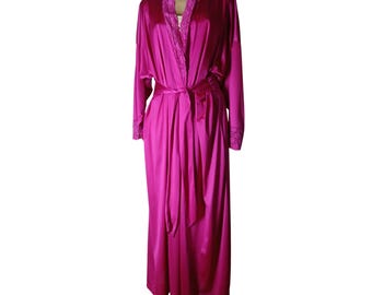 Vintage Vanity Fair Pink Satin Lace Trim Robe M Long Sleeve Belted Made In USA