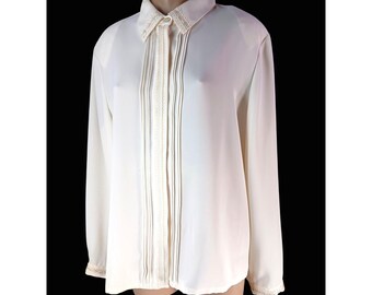 Vintage Koret Off White Button Blouse Embroidered Collar Size 16 Pleated Office