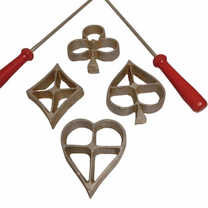 Vintage Rosette Iron Cookie Mold Set Red Handles Heart Spade Diamond Club Shapes