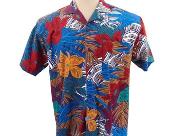 Occhi Mare Vintage 80s Hawaiian Shirt L Cotton Bold Floral Multi Color All Over
